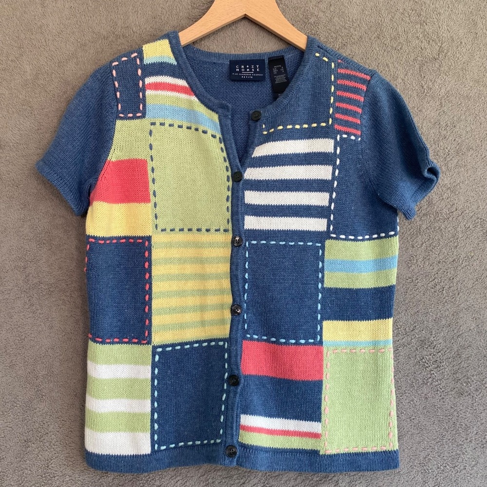 Vintage Crazy Horse Womens Patchwork Short Sleeve Cardigan Petite S Y2K Button